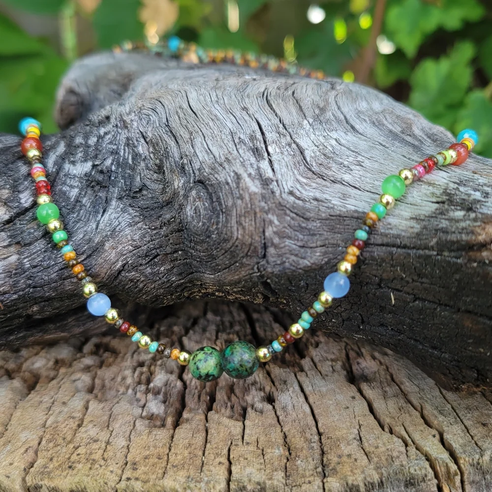 Bohemian Multicolor Picasso Jasper Seed Bead & Turquoise Necklace. - Picture 2 of 6